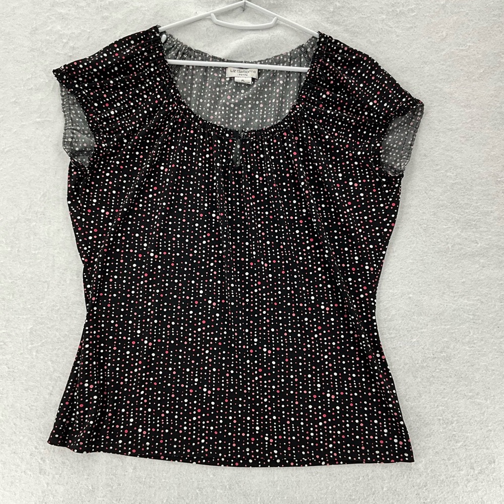 Liz Claiborne women's top large black white and pink polka dots